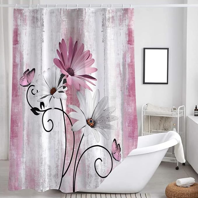 Rustic Farmhouse Shower Curtain, Farm Pink Daisy Floral Flowers and Butterfly on Country Wooden Shower Curtain for Bathroom, Pink Grey Bathroom Shower Curtains with 12PCS Hooks, 48X70IN