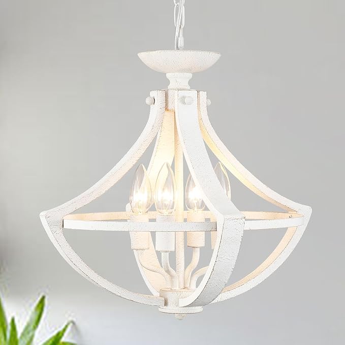 4-Lights French Country Chandelier Farmhouse Chandeliers Handmade Semi Flush Mount Ceiling Light Fixture Wood Pendant Light White Chandeliers for Entryway Foyer Hallway Kitchen Dining Room