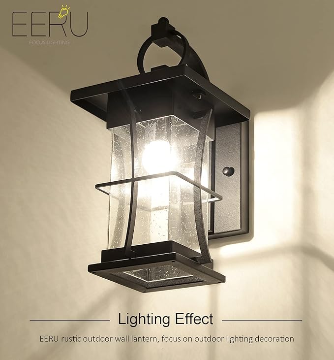 Dusk to Dawn Outdoor Wall Lantern Exterior Light Fixtures Wall Mount Porch Light with Photocell Sensor Waterproof Outside Wall Lights for House, Patio, Garage, Black with Seeded Glass