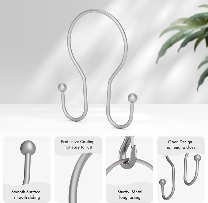 AmazerBath Silver Shower Curtain Hooks, Shower Curtain Rings, Simple Double Shower Curtain Hooks Rust Proof, Metal Smooth Glide Shower Hooks for Shower Curtain Rod, 12 Pcs Shower Rod Hooks