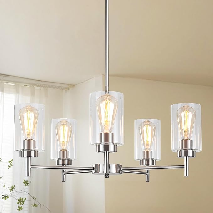 5 Lights Brushed Nickel Chandelier for Dining Room Light Fixture,24" Modern Farmhouse Pendant Lighting with Glass Shade Industrial Hanging Ceiling Light for Kitchen Island Entryway Foyer,E26