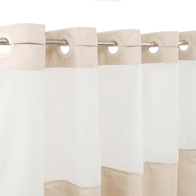 No Hook Linen Shower Curtain with Snap in Liner Set, Hotel Luxury Style Beige Shower Curtain with See Through Top Window, Machine Washable & Water Repellent, 72W x 72L Standard Size