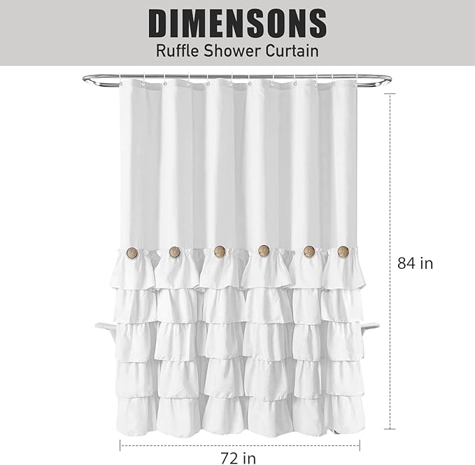 Seasonwood White Ruffle Shower Curtain Farmhouse Shower Curtain 72 X 84 inch Fabric Shower Curtains with Buttons & White Ruffles for Bathroom Bathtubs Decor Accessory