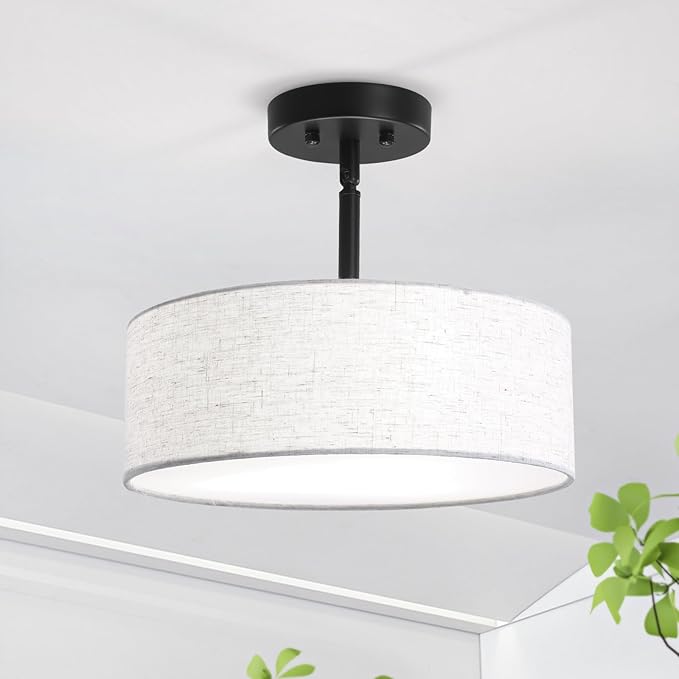 ALISADABOY Black Chandeliers with Lampshade Modern Chandelier 12.59 inches Contemporary 3 Light Semi Flush Mount Ceiling Light Drum Light Fixture for Kitchen Entryway Closet Hallway Bedroom
