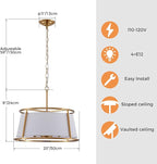 Shrine Lighting Drum Chandeliers, Modern Style, Perfect Pendant Light Fixture for Dining Room, Living Room, D20'' x H9'', Adjustable Chains 59'', E12*4 Sockets, White Lampshade & Brass Finish Frame