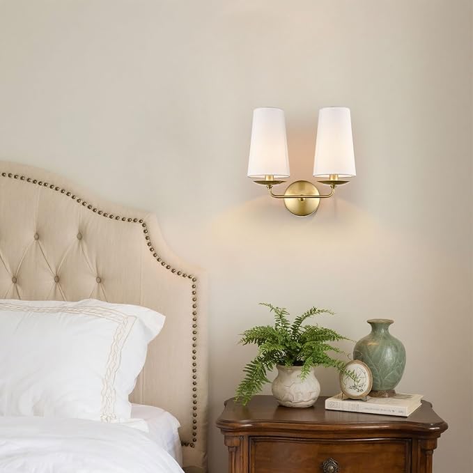 Modern Gold 2-Light Wall Sconces Hardwired Brass Double Sconce with Fabric Shade for Bedroom, Fireplace, Staircase, Bathroom, Hallway