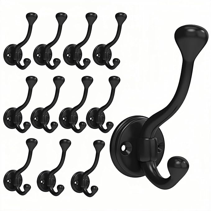 12 Pack Wall Hooks for Hanging, Heavy Duty Coat Hook Wall Mount, Easy to Install Metal Closet Hooks, Apply to Bathrooms, Bedrooms, Living Rooms, Entrances (Black)
