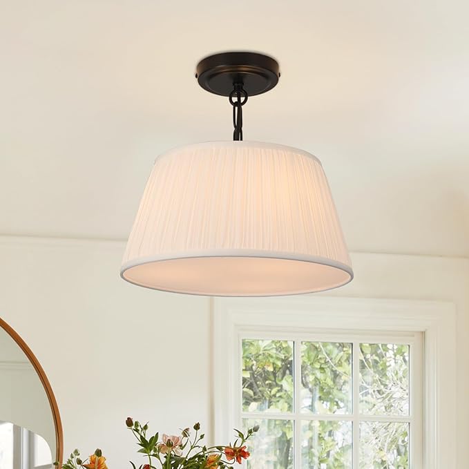 Electro bp; 12.6”Dia White Pleated Drum Shade Close to Ceiling Light Fixture Modern Classic Brocade Fabric Cone Shape Semi-Flush Mount,Matte Black Painted,2 Sockets,E26,120W;