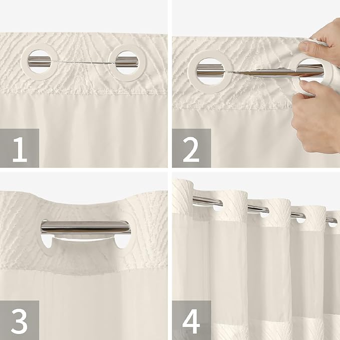 No Hook Shower Curtain and Liner Set,No Hook Tufted Striped Textured Shower Curtain with Snap in Liner Replacement,Boho Style with See Through Top Window,White, Beige/Cream, 71Wx80H