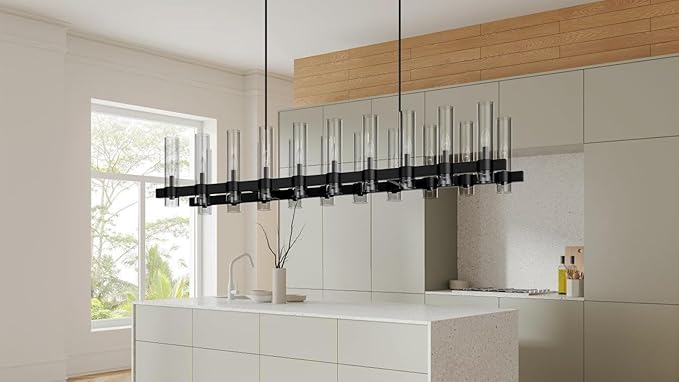 Black Linear Chandelier, 68 Inch 20-Lights Modern Kitchen Island Dining Room Over Table Light Fixture, Industrial Farmhouse Large Pendant Lighting with Glass Shade