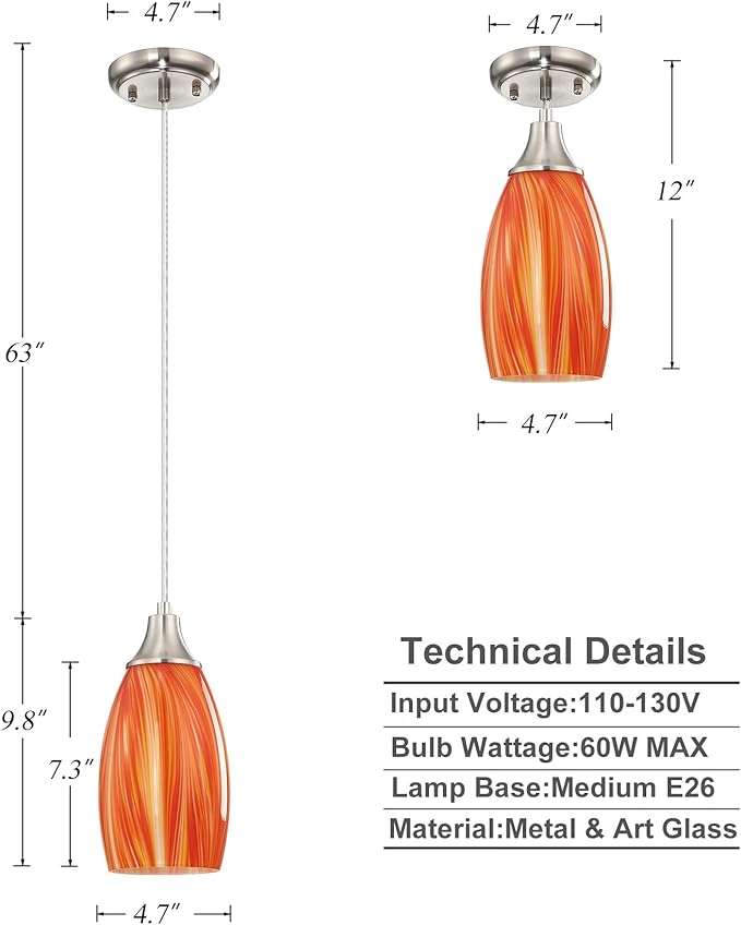 Art Glass Mini Pendant Lights for Kithen Island Blown Glass Pendant Lighting Shade with Brushed Nickel Finish 3Pack Hanging Pendant Light Kitchen Counter,Dining/Living Room Red Orange