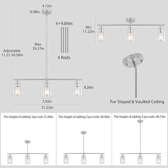 3 Lights Kitchen Island Lighting Brushed Nickel Pendant Light Fixtures with Glass Shade 31" Dining Room Chandeliers Adjustable Height Modern Linear Ceiling Hanging Light for Living Room, Foyer
