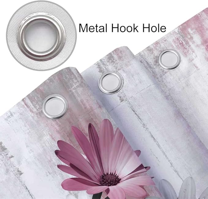 Rustic Farmhouse Shower Curtain, Farm Pink Daisy Floral Flowers and Butterfly on Country Wooden Shower Curtain for Bathroom, Pink Grey Bathroom Shower Curtains with 6PCS Hooks, 36X70IN
