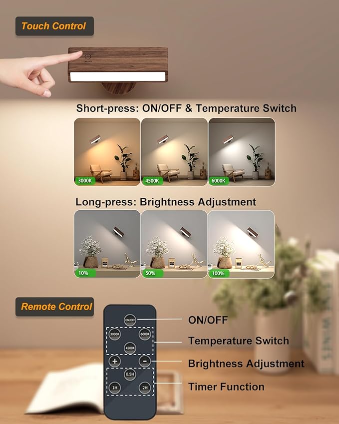 Battery Operated Wall Sconce Set of Two,Rechargeable Wall Lights with Remote,Wall Light for Bedroom Battery Operated, Dimmable Cordless Wall Mount Lamp with 3 Color Temperature for Bedside