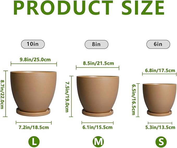 Ceramic Pots for Plants Set of 3-10+8+6 Inch Modern Round Planters with Drainage Holes and Plant Saucers, Flower Pots for Indoor Outdoor, Home Garden Room Decor, Plant Lover Gifts, Brown