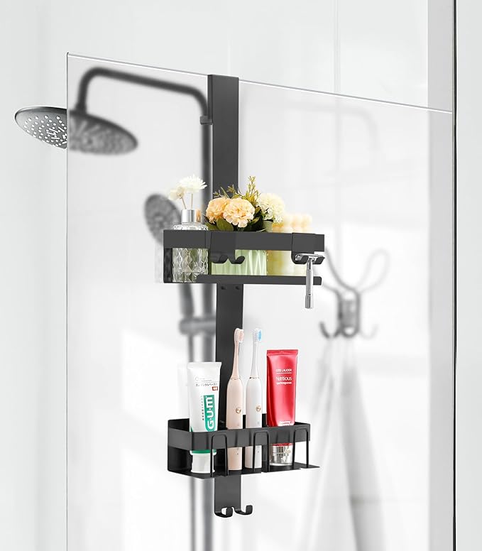 Emibele Over The Door Shower Caddy 2 Tier, 304 Stainless Steel Hanging Shower Caddy Rustproof Shower Shelves, No Drilling Hanging Shower Organizer for Bathroom Glass Door, Black