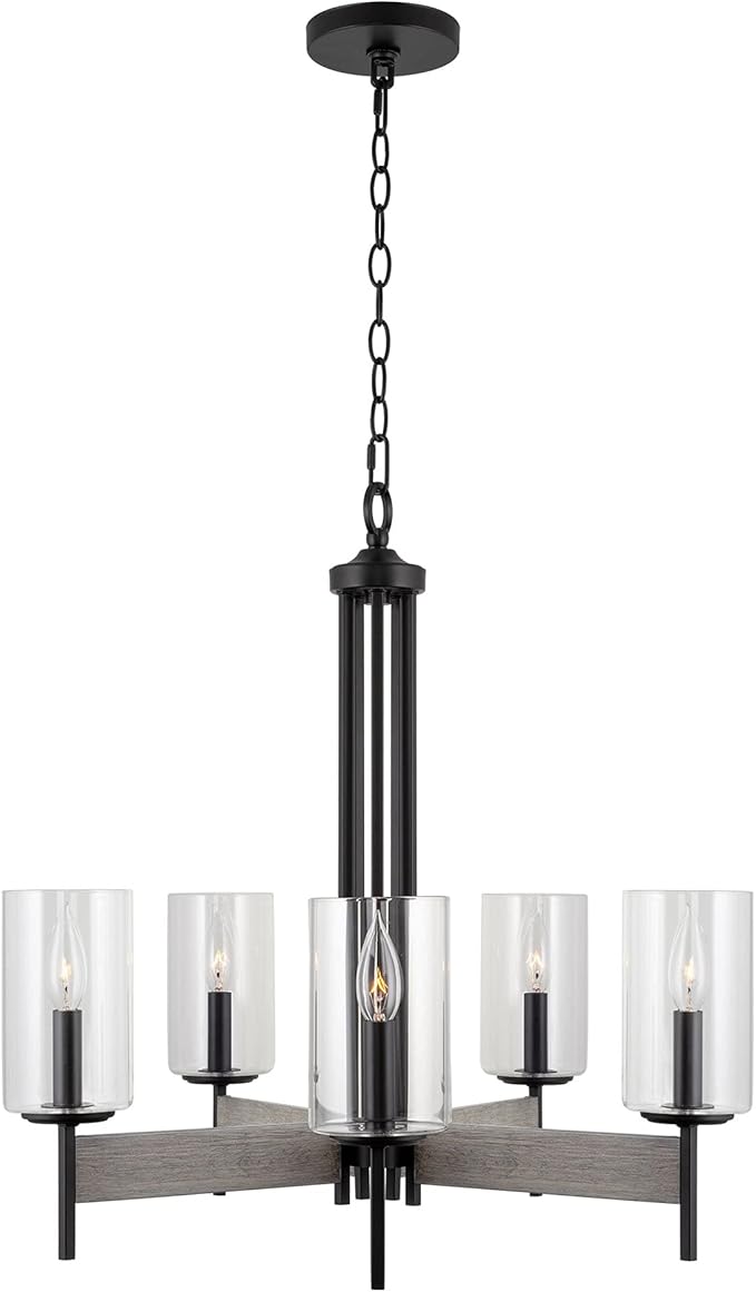 Kira Home Winston 26" 5-Light Modern Farmhouse Dining Room Chandelier + Clear Cylinder Glass Shades, Gray Oak Wood Style + Black Finish