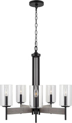 Kira Home Winston 26" 5-Light Modern Farmhouse Dining Room Chandelier + Clear Cylinder Glass Shades, Gray Oak Wood Style + Black Finish