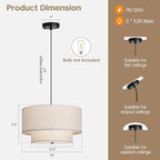 18" Modern Double Drum Fabric Pendant Light, Large Hanging Ceiling Chandelier Fixture with Dual Layer Fabric Shade, Ideal for Dining Room, Living Room, Bedroom, and Kitchen