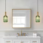 KCO Lighting Green Ribbed Glass Pendant Light Kitchen Island Small Antique Brass Ceiling Pendant Light Mid Century Modern Dining Room Hanging Light Fixture Gold Globe Pendant Lighting