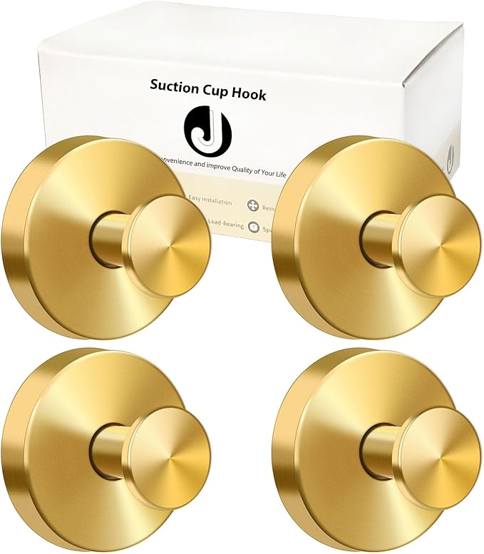 Suction Cup Hooks for Shower Towels Robes, Heavy Duty Wreaths Hangers Hooks Stainless Steel, No Drill on Smooth Wall,Glass,Mirror, Tile in Bedroom Kitchen to Hang Swimsuit Washcloths (4, Gold)