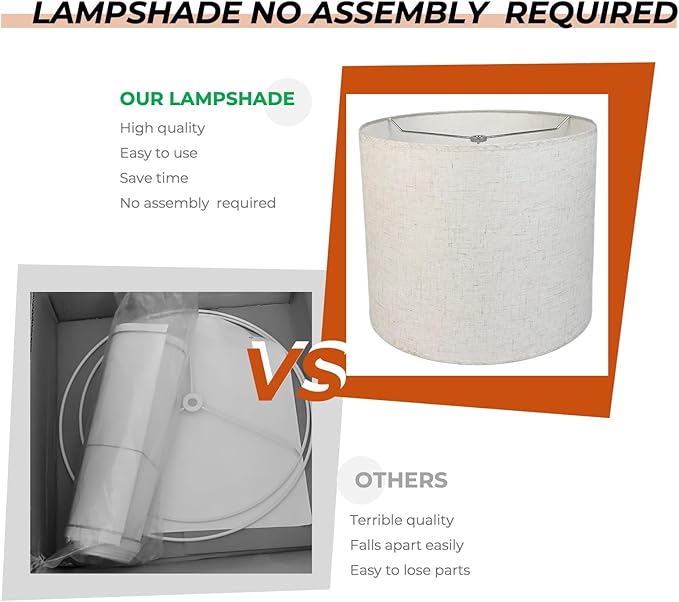 12" Wx 10" H Drum Lampshades, No Assembly Required, Fabric Lampshade for Table Lamp, Bedside Lamp, Floor Lamp, Metal Spider Fitter, Linen