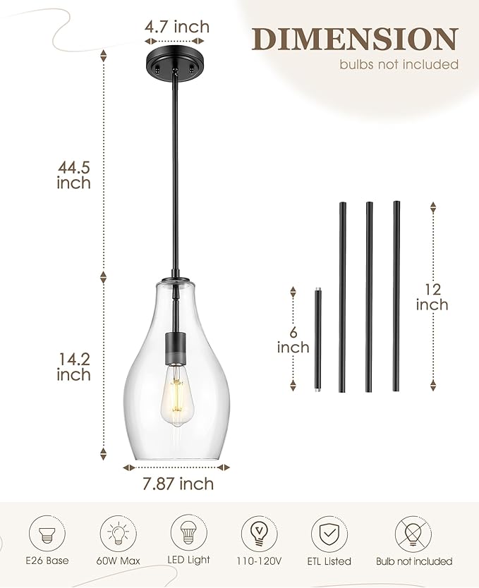 2-Pack Pendant Lights Kitchen Island, 8" Black Hanging Light Fixtures with Clear Glass Shade, Modern Lagre Kitchen Pendant Lighting Over Island for Dining Room, AD-25045-2PB-BK