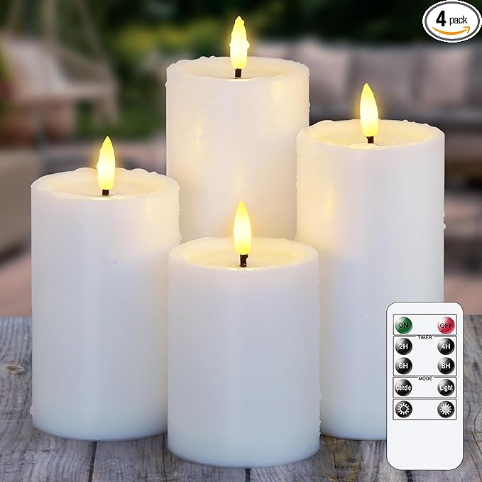 Waterproof Flickering Auto Timer White Plastic Flameless Candles with Candle Grease, 3" x4" 5" 6" 7" Outdoor LED Long Lasting Battery Operated Remote Control Pillar Candles, Pack of 4