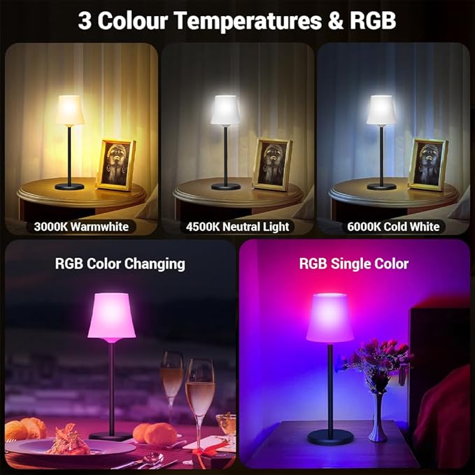 Cordless Table Lamp Rechargeable 2 Pack Wireless Touch Light Battery Operated 3 Color & RGB Stepless Dimmable Portable Led Waterproof Small Lamps for Kichen/Dining/Outdoor/Patio/Restaurant