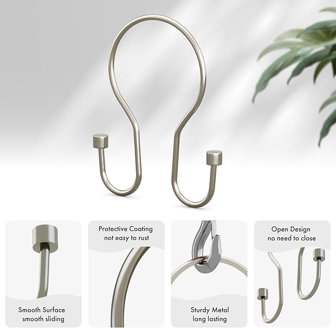 AmazerBath Shower Curtain Hooks Shower Curtain Rings with Cylindrical Design, Metal Nickel Shower Curtain Hooks Rust Proof, Smooth Glide Double Shower Hooks Rings for Shower Curtain