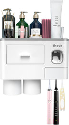 iHave Toothbrush Holders for Bathrooms, 2 Cups Toothbrush Holder Wall Mounted with Toothpaste Dispenser - Large Capacity Tray, Cosmetic Drawer - Bathroom Decor & Bathroom Accessories