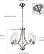 Brushed Nickel Chandelier Dining Room Light Fixture Kitchen Chandeliers Over Table Modern 5-Light Clear Glass Pendant Lighting Adjustable Chain Hanging for Foyer Bedroom Bathroom Hallway