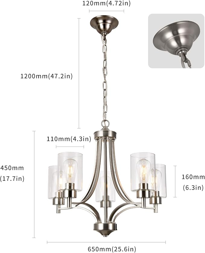 Brushed Nickel Chandelier Dining Room Light Fixture Kitchen Chandeliers Over Table Modern 5-Light Clear Glass Pendant Lighting Adjustable Chain Hanging for Foyer Bedroom Bathroom Hallway
