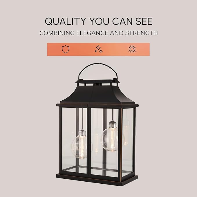 Modern Farmhouse Lanterns, Black Plastic Clear Glass Shade Lanterns Decor –3AA Battery Powered, with 2 G100 LED Vintage Bulbs & Timer(6/18),Ideal for Porch, Patio, Indoor Tables & Mantelpiece.