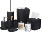 Bathroom Accessory Set - 10 Piece Black Bathroom Accessories Set with Trash Can, Toothbrush Holder and Cup, Soap Dispenser, Soap Dish, Toilet Brush Holder, Vanity Tray, Qtip Holder, Tissue Box Cover