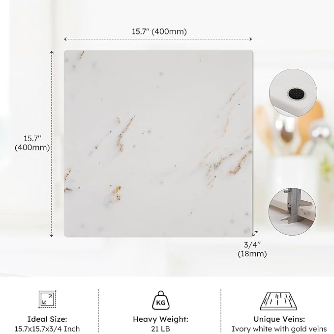 Diflart Natural Marble Stone Cutting Board for Kitchen, 16x16 Inch, White with Gold Veins, Marble Slab Pastry Board Large with Non-Slip Feet for Backing, Cheese, Chocolate, Pack of 1 Piece