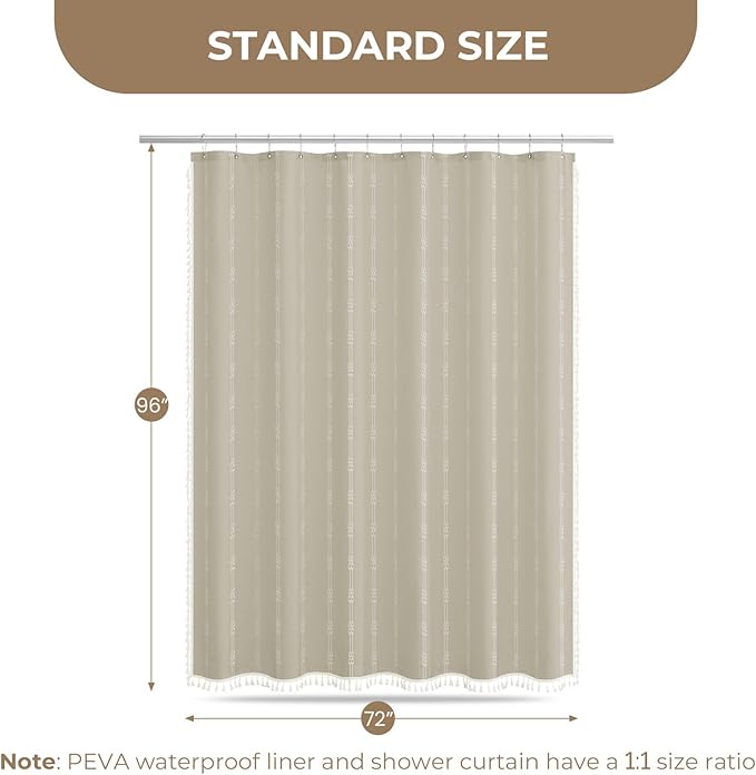 downluxe Linen Texture 3 in 1 Farmhouse Shower Curtain Set with Tassel, Boho Fabric Shower Curtains for Bathroom, Taupe, 72W x 96L