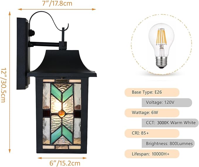 WL0009 Tiffany Style Outdoor Light Fixutres Stained Glass Wall Sconce Exterior Waterproof Wall Lantern Light for Balcony Aisle Hallway W 7X D 6 x H 12 Inches, Bulb Included (Chrolume)