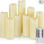 Homemory Ivory LED Pillar Candles - Battery Operated Candle, Real Wax Flameless Candles, 4-9" Set of 9, Unscented, Remote & Timer