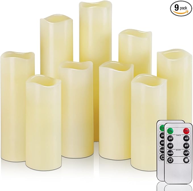 Homemory Ivory LED Pillar Candles - Battery Operated Candle, Real Wax Flameless Candles, 4-9" Set of 9, Unscented, Remote & Timer
