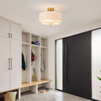 3-Light Semi Flush Mount Ceiling Light,16" Close to Ceiling Light Fixtures with Farmhouse Fabric Linen Shade, Double Drum Gold Flush Mount Ceiling Light for Bedroom Living Room Kitchen Dining Room