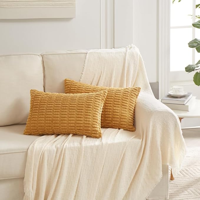 Fancy Homi Mustard Yellow Lumbar Decorative Throw Pillow Covers 12x20 Inch for Living Room Couch Bedroom, Soft Corduroy Rectangle Cushion Case 30x50 cm, Rustic Farmhouse Home Decor