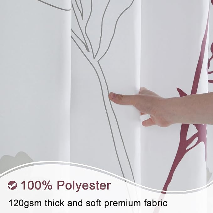 Long Fabric Shower Curtain, White and Burgundy Floral Shower Curtain, Blue and Grey Plant Shower Curtains for Bathroom, Waterproof Bathroom Curtains, 72" W x 78" H