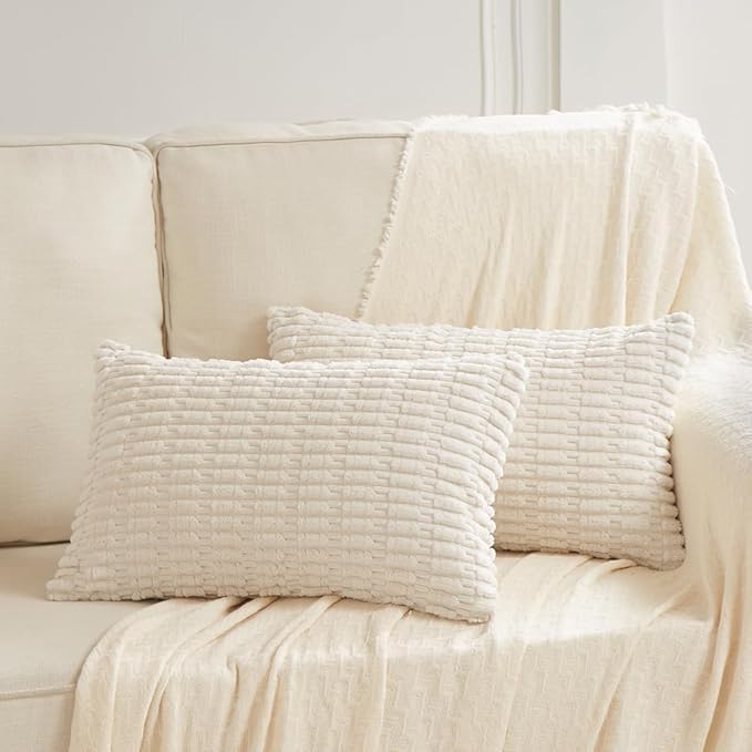 Fancy Homi Cream Lumbar Decorative Throw Pillow Covers 12x24 Inch for Living Room Couch Bed Sofa, Rustic Farmhouse Boho Home Decor, Soft Striped Corduroy Rectangle Cushion Case 30x60 cm