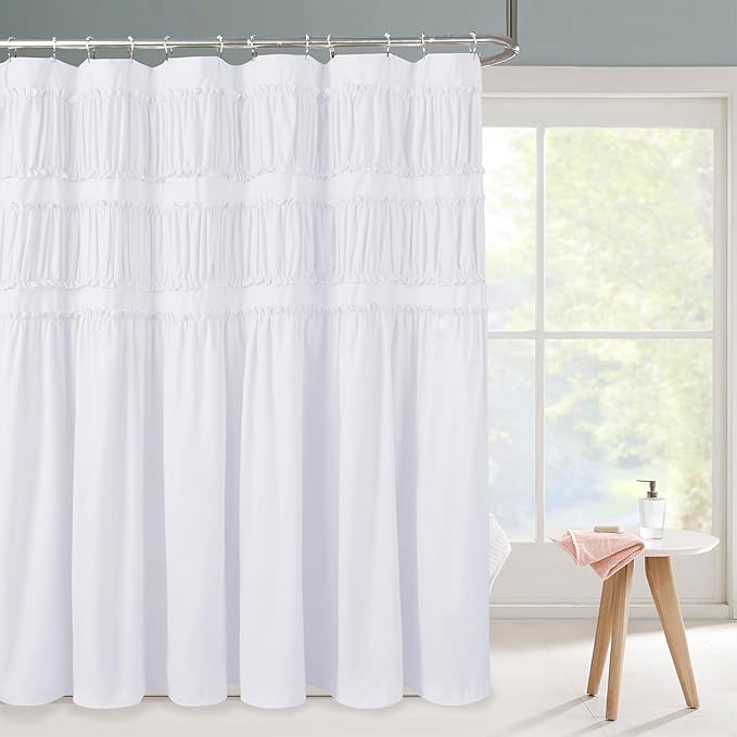Elegant Ruffle White Shower Curtain 72" x 72", Ruched Microfiber Vintage Rustic Bath Curtain for Bathroom, Boho Farmhouse Bathroom Decor, Durable and Fade Resistant (LQ-38)