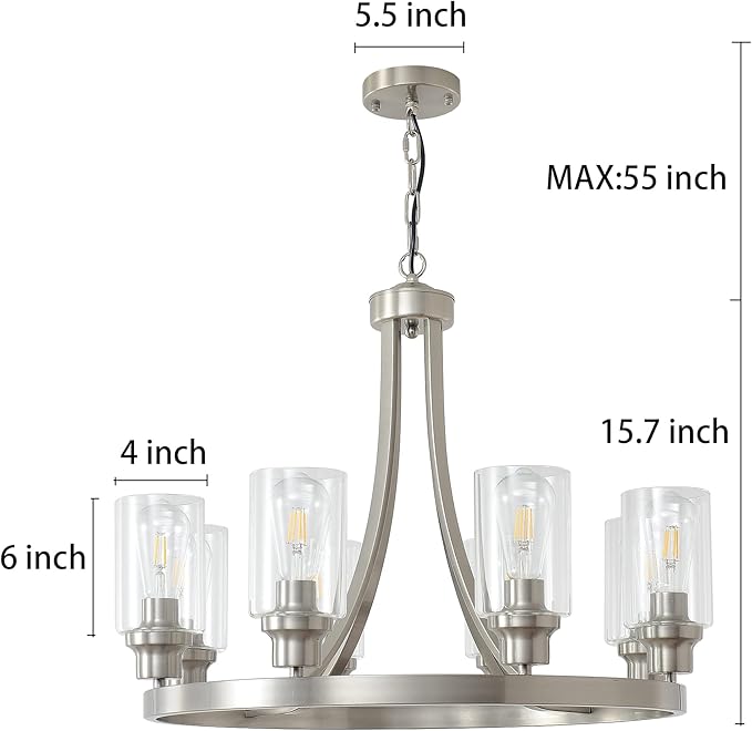 Modern Chandelier Brushed Nickel Finish 8 Lights, Dining Room Lighting Fixtures Hanging Industrial Pendant Lighting for Kitchen Island