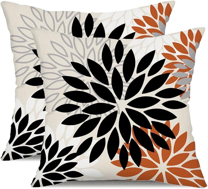 DFXSZ Black Orange Flower Pillow Covers 18x18 Inch Set of 2 Outdoor Throw Pillows Outdoor Waterproof Decor for Living Room Sofa Patio Funiture Garden Floral Polyester Pillow Covers 002V18
