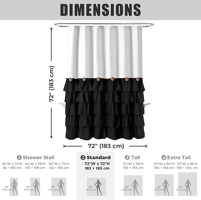 Seasonwood Black and White Farmhouse Shower Curtain 72 x 72 Black Ruffle Shower Curtain with Vintage Buttons, Rustic Decorative Fabric Shower Curtains for Guest Bathroom, 72" x 72", Black and White