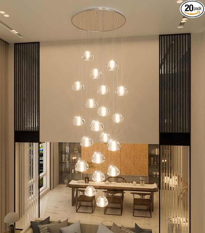 20-Light Modern Chandeliers for Entrance High Ceiling Chandelier Living Room Lights Fixture LED Ceiling Lamp Bubble Crystal Adjust Hanging Pendants Lighting for Stairwell Hallway Foyer