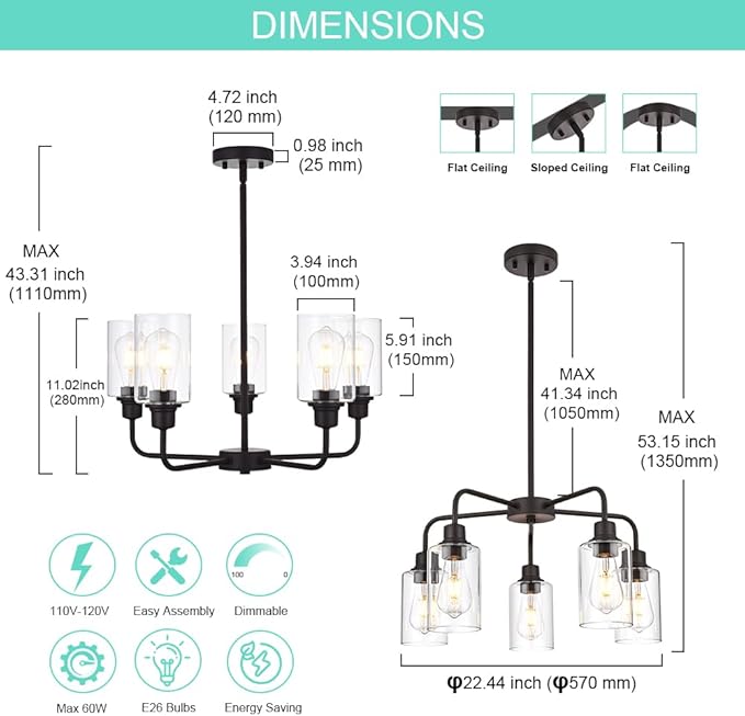 VINLUZ 5-Light Oil-Rubbed Chandelier with Clear Glass Shades, E26 Base Modern Pendant Light Fixture, Adjustable Swivel Heads Ceiling Lighting, Farmhouse Chandelier for Dining Room Kitchen Hallway